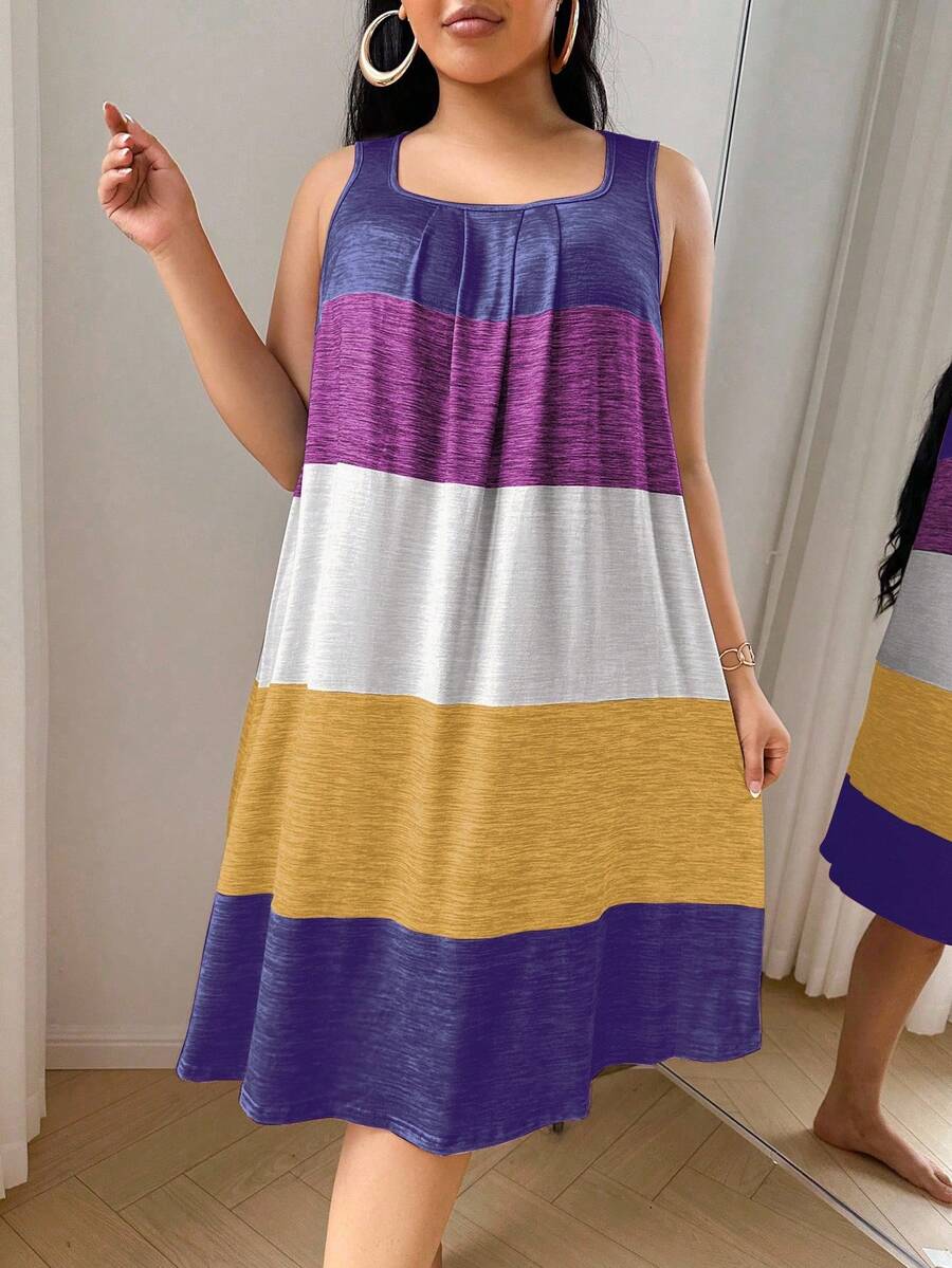 SHEIN Plus Size Colorful Striped Print Casual Nightgown, Moo Moo Night Dress - Purple - View 1