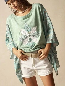 Bohemela Women's Knit Patchwork Round Neck Flare Sleeve Loose T-Shirt - Multicolor - View 4