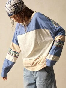 Bohemela Áo nữ cỡ lớn kẻ sọc cổ tròn tay dài dáng rộng thoải mái - Màu xanh lam - Xem 6