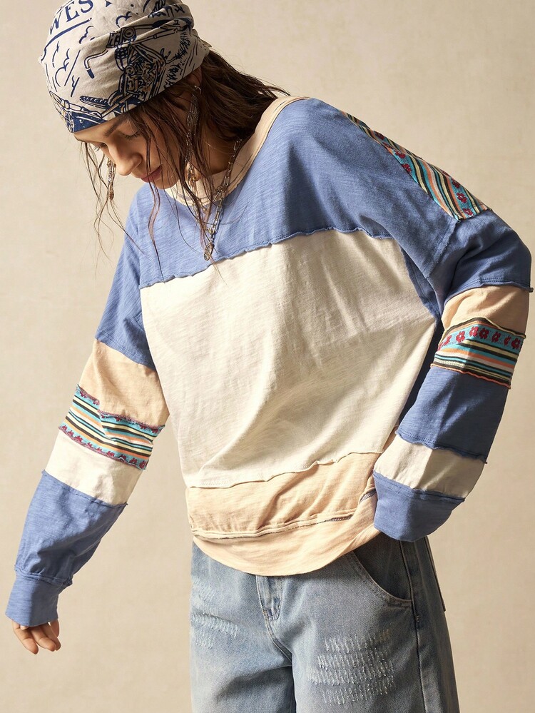 Bohemela 女士休闲针织拼布圆领长袖宽松衬衫 - 藍色 - 查看 6