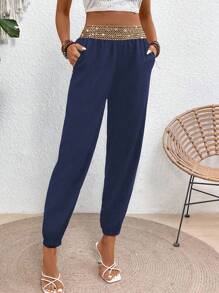 EMERY ROSE Women's Metal Decor Waistband High Waist Slim Pants Fall Cloth For Women - Navy Blue - View 6