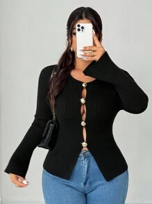 Elenzga Plus Size Women's Fall Winter Solid Black Long-Sleeved Sweater Cardigan With Flared Sleeves, Paired With Exquisite Buttons, Elegant And Form-Fitting For Autumn And Winter, Suitable For Daily Commuting Women's Wear