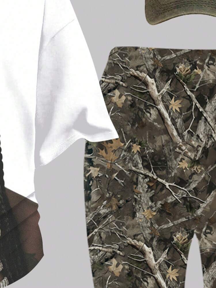 SHEIN Leap Crew 休闲简约个性化指纹纹身戒指印花图案 T 恤和阔腿裤两件套，秋季新品，宽松圆领短袖 T 恤，花卉枝叶印花，朋克风格，街头服饰，复古，返校装，可爱，节日家庭户外春季野餐日常穿着，适合各种场合，少女服装套装 - 彩色 - 查看 4