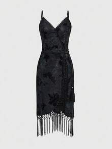 ROMWE Goth Sukienka damska w stylu vintage z kwiatowym wzorem i frędzlami na dole - Czarne - Zobacz 1