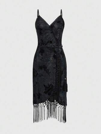 Goth Abito a sottoveste da donna con frange e motivo floreale floccato vintage in stile patchwork