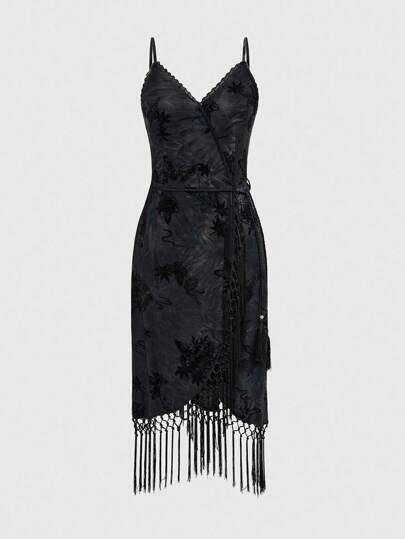 Goth فستان انزلاقي للنساء مزين بطباعة الأزهار المخملية والشراريب الهامشية بطراز قديم