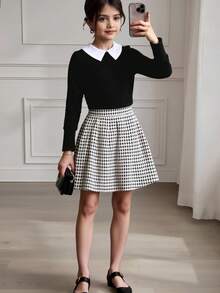 SHEIN Tween Girl Peter Pan Collar Tee & Houndstooth Pleated Skirt - Black - View 1