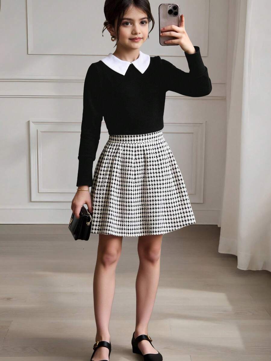 SHEIN Tween Girl Peter Pan Collar Tee & Houndstooth Pleated Skirt - Black - View 1