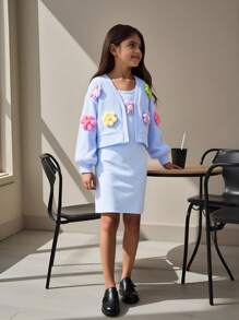 2 件套 Tween 女童彩色 3D 花卉装饰夹克和花卉印花吊带背心连衣裙套装，秋冬季可爱度假风格 - 藍色 - 查看 11