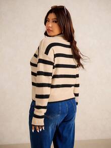 Elaquor Plus Size Striped Print Casual Pullover Sweater In Fall/Winter
