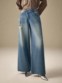 Selenza Jeans casuales de pierna recta con adornos de strass elegantes - Azul - Ver 8