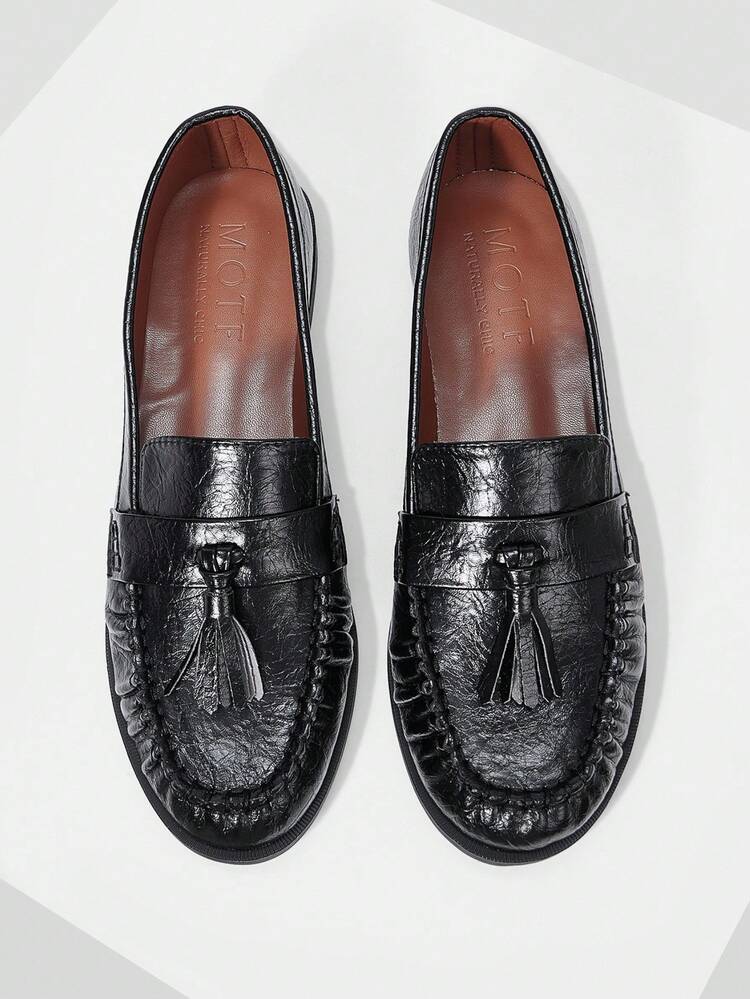 CHAUSSURES FEMME NOUVELLE TEXTURE RÉTRO FRANÇAISE en PU À FRANGES BOUT CARRÉ SEMELLE PLATE, CHAUSSURES NOIRES POLYVALENTES DÉCONTRACTÉES LÉGÈRES RÉSISTANTES AU GLISSEMENT CONFORTABLES HAUT DE GAMME POUR FEMMES
