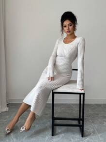 Elenzga 女式奶油色上衣秋季独立日音乐会教师街头风格复古斯德哥尔摩别致办公室工作服，优雅休闲长袖针织毛衣裙，适合外出、约会、职业装 - 奶油色 - 查看 4