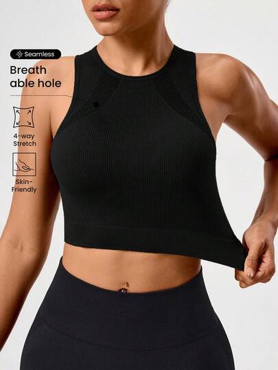 Seamluxe SHEIN Sport Regata Cropped Esportiva Respirável de Cor Sólida e Elástica para Mulheres, Adequada para Yoga