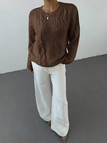 Aloruh 女士休闲圆领长袖麻花图案毛衣，秋冬 - 咖啡棕 - 查看 3