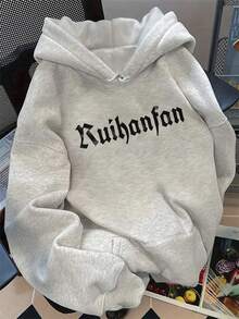 INAWLY 女士蜘蛛标语印花落肩连帽衫 - 淺灰色 - 查看 2