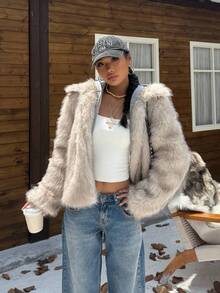 Muchica 女士人造毛皮保暖厚长袖夹克，时尚冬季外套 - 卡其色 - 查看 3