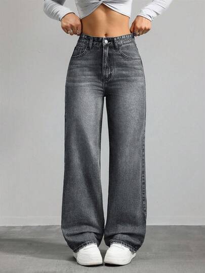 SHEIN ICON Damen Jeans mit mittlerer Taille, weitem, geradem Bein, Lässig