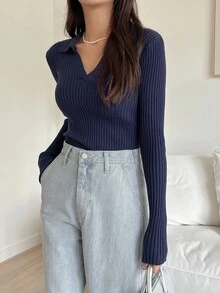 DAZY 女式休闲罗纹修身套头衫秋季 - 藏蓝色 - 查看 7