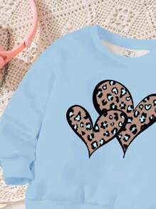 SHEIN 年轻女孩豹纹心形图案休闲圆领长袖运动衫和紧身裤两件套，适合秋冬季 - 彩色 - 查看 4