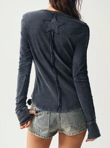 Bohemela 秋季大码休闲镂空圆领水洗长袖T恤 - 黑色 - 查看 7