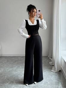 Elenzga 2pcs Women's Elegant Patchwork Striped Collar Shirt + Pants Set - Multicolor - View 1