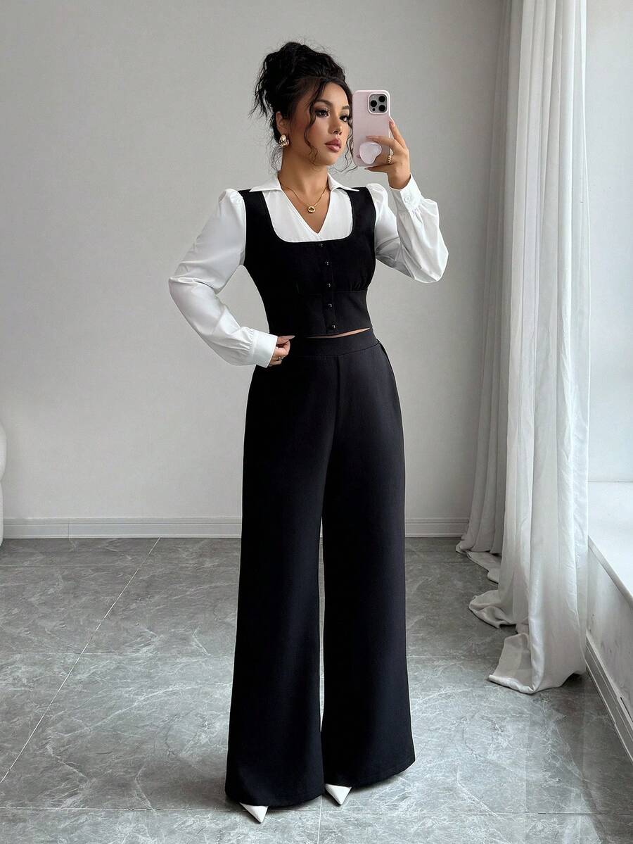Elenzga 2pcs Women's Elegant Patchwork Striped Collar Shirt + Pants Set - Multicolor - View 1