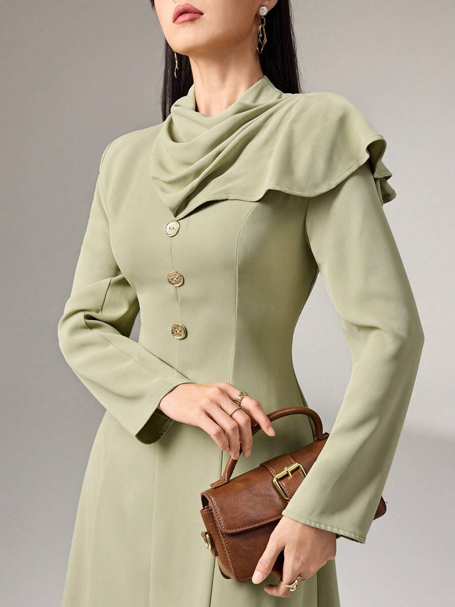 Heiryn Women's Solid Color Fashion Long Sleeve Front Slit Fitted Mid-Length Dress - Aqua Green - View 1