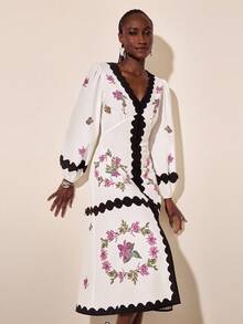 CAJUNI Women's V-Neck Lantern Sleeve Vintage Colorblock Floral Pattern Maxi Dress, Vacation Style