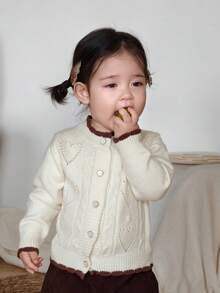 DAZY Áo khoác cardigan dài tay họa tiết trái tim và hoa phong cách Hàn Quốc thu đông cho bé gái màu tương phản - Màu be - Xem 9