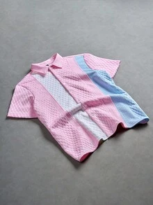 Manfinity CasualCool 男士休闲撞色纹理短袖衬衫，夏季 - 淺粉色 - 查看 8