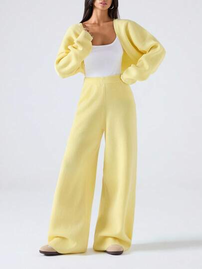 LYSMO 2025 New Arrive Minimalism Fall Women's Casual Solid Color Front Open Cardigan And Pants 2 Pieces Set, Autumn/Winter Butter Yellow Two Piece Set  For Going Out Outfits, Back To School, Graduation, Streetwear, And Stockholm Style