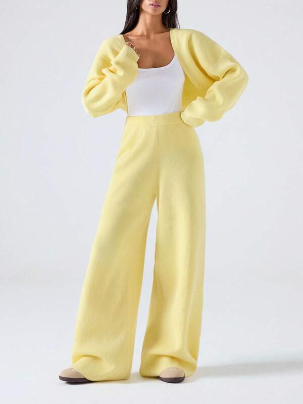 LYSMO 2025 New Arrive Minimalism Fall Women's Casual Solid Color Front Open Cardigan And Pants 2 Pieces Set, Autumn/Winter Butter Yellow Two Piece Set  For Going Out Outfits, Back To School, Graduation, Streetwear, And Stockholm Style