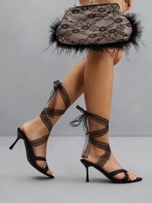 CUCCOO SZL Zapatos de mujer de tacón alto con punta afilada y cordones de satén negro de 8 cm - Negro - Ver 3