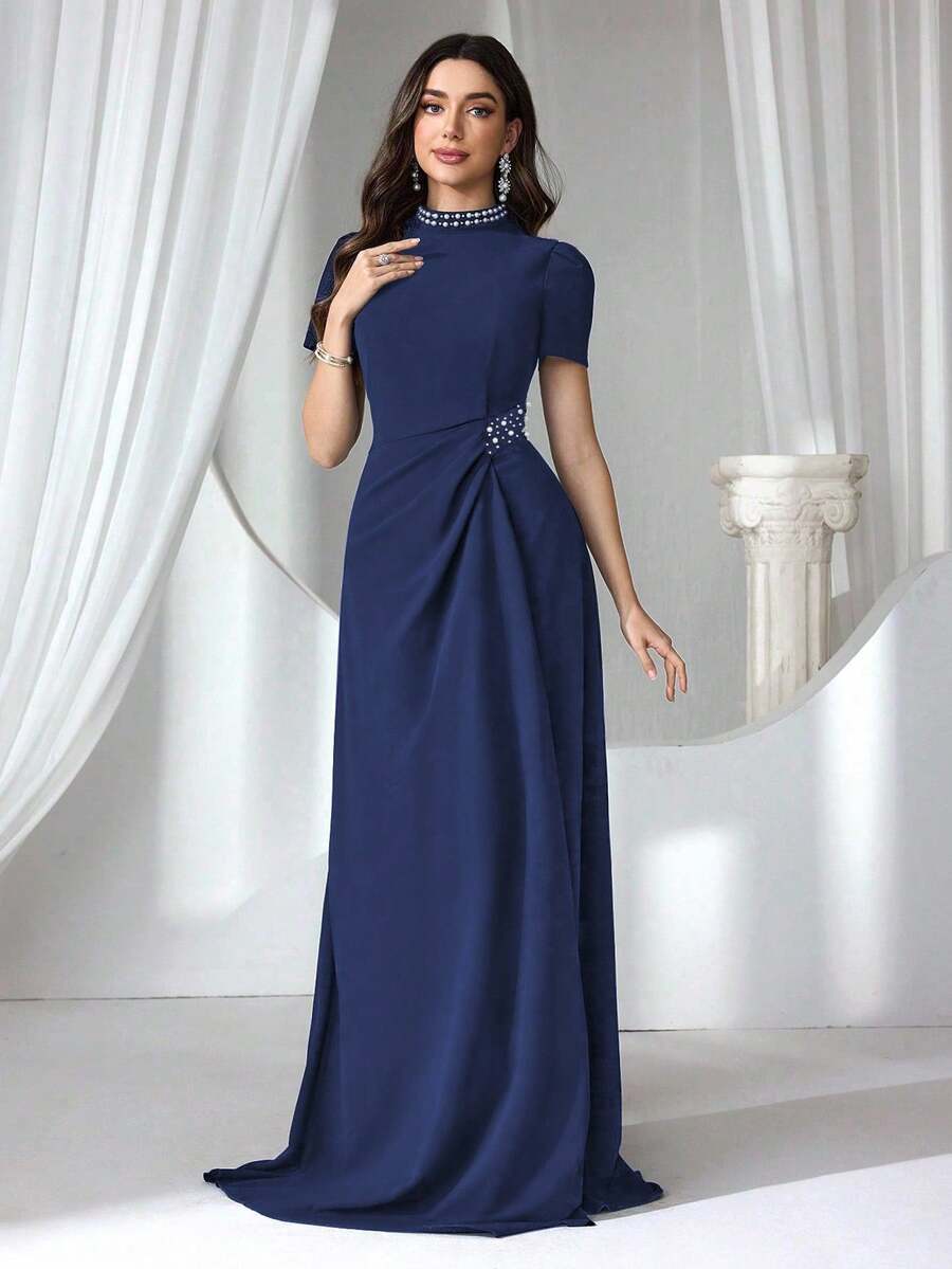Coutiva Formal Evening Gown Dress For Women (Heavy Embroidered) - Navy Blue - View 1