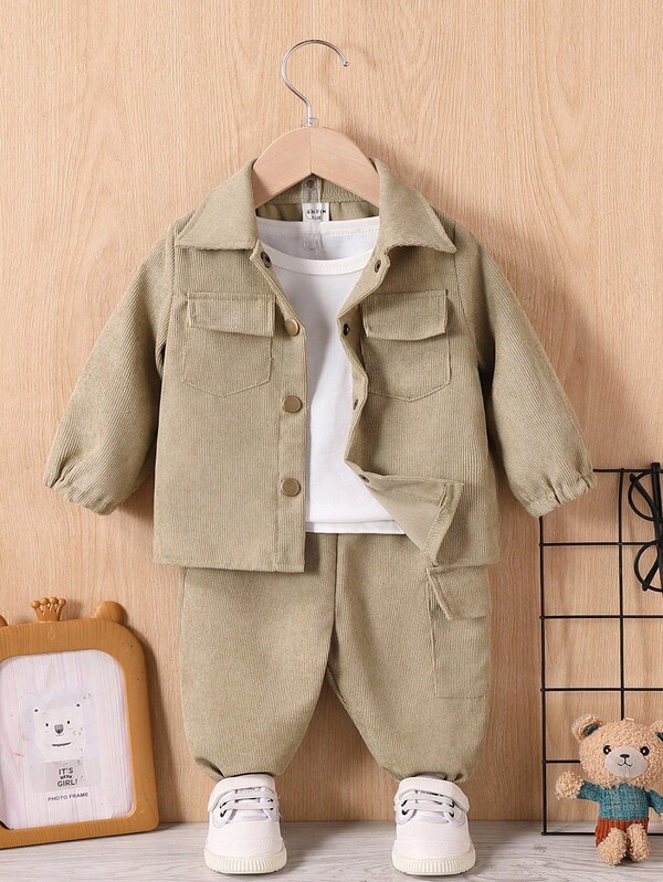 SHEIN 2pcs/Set Fall Outfits For Boy  Casual Style Suit, Button Up Shirt Kids Long Sleeves Top&Long Flare Pants Winter