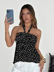 SHEIN EZwear 黑色波点褶裥吊带上衣 - 黑色 - 查看 2