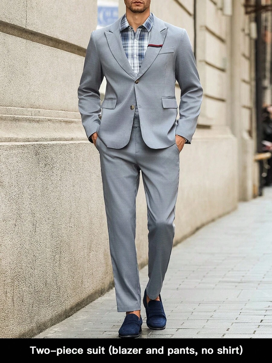 Manfinity Bizformal 男士商务休闲西装套装，通勤和户外两件套，男士衣橱必备，送给男朋友/丈夫的礼物灰色西装男士男士西装外套和裤子男士两件套翻领男士夏季西装浅灰色西装男士灰色西装男士修身西装男士两件套西装男士办公室西装