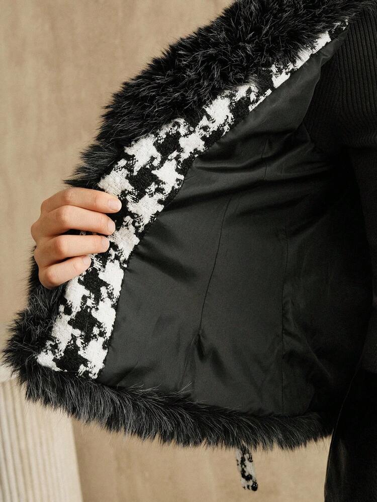 Abrigo elegante y de moda con cuello de piel y estampado de pata de gallo para mujer