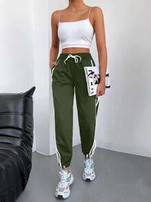 SHEIN Cottnline Quần nỉ có dây rút eo, túi xéo, chất liệu cotton 95% - Màu xanh Ô liu - Xem 3