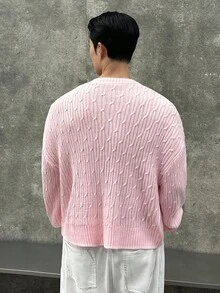 SWAVVY 男士纯色 V 领落肩长袖休闲针织圆领粗花呢毛衣，秋冬 - 粉色 - 查看 3