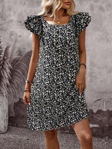 EMERY ROSE Vestido casual de verano para vacaciones con estampado total y decoración de moño - Negro - Ver 2