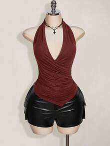 SHEIN ICON Áo ba lỗ cổ rộng viền bất đối xứng cỡ lớn, phong cách Y2K, thích hợp mặc mùa hè, mặc hàng ngày - màu nâu - Xem 5