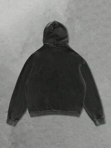 ROMWE MEN Street Life 休闲图案印花设计品牌黑色雪花连帽卫衣，男士款，无口袋，秋季款，长袖上衣 - 黑色 - 查看 2