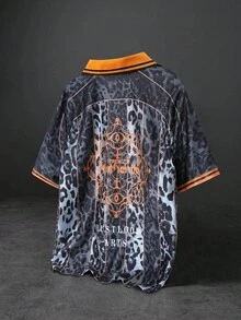 ROMWE MEN Prep 男士动物印花豹纹运动元素短款 Polo 衫，适合春夏季日常穿着 - 黑色 - 查看 2