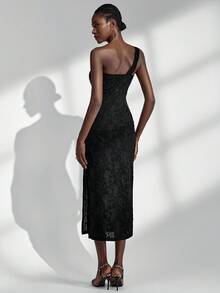 Almamuse Black Textured Vintage Elegant One Shoulder Dress, Metal Asymmetric Decor Button, Fitted Slit Cut, Women Long Dress