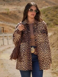 Freevana Plus Size Women Casual Leopard Print Button Down Long Sleeve Jacket In Fall/Winter - Khaki - View 1