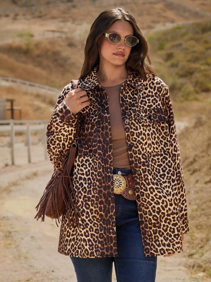 Freevana Plus Size Women Casual Leopard Print Button Down Long Sleeve Jacket In Fall/Winter - Khaki - View 1