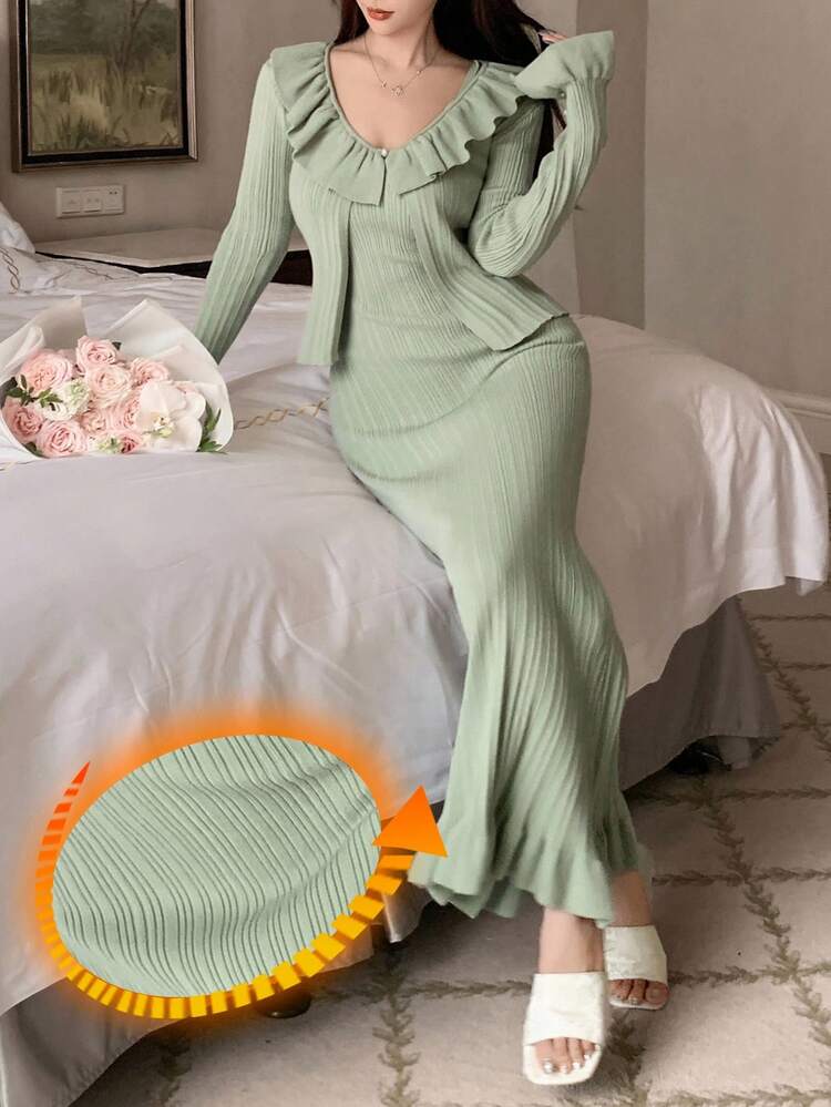 Women's Autumn/Winter Knitted Ruffle Trim & Bodycon Slip Dress Homewear Set, Fall Clothes Pajama
