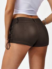 Jeanoix Shorts con hebilla y cinturón, pantalones cortos de moda para el verano - Marrón Chocolate - Ver 2